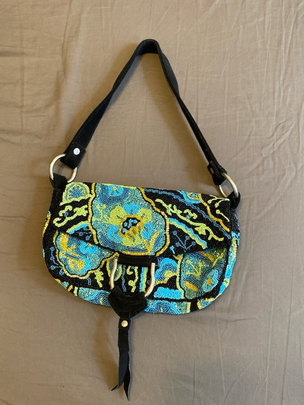 Beaded Floral Saddle Bag - Black with Blue & Yellow Accents